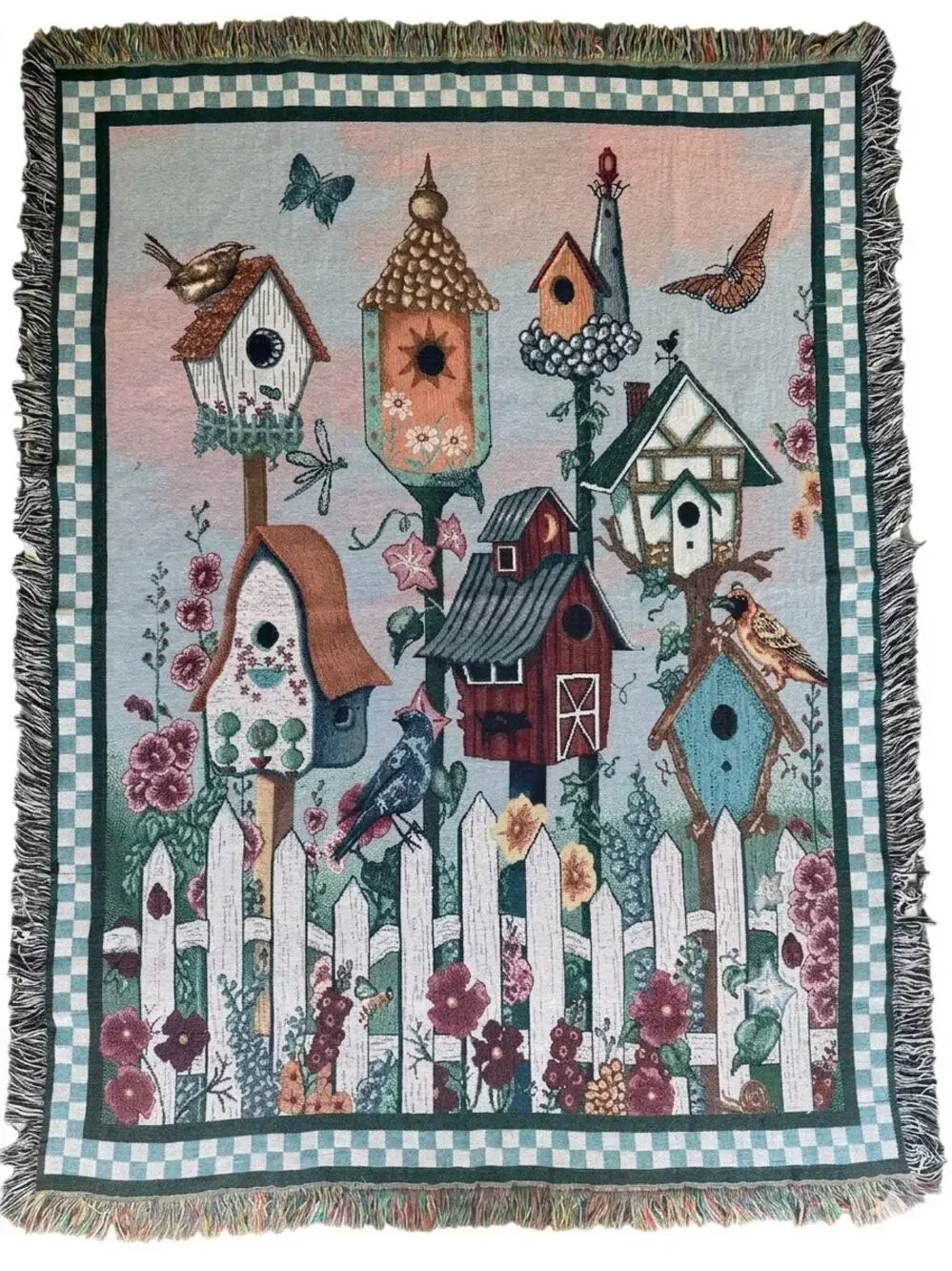Vintage 90s Woven Throw Blanket Rustic Farmhouse Tapestry Birdhouse Garden 50x66